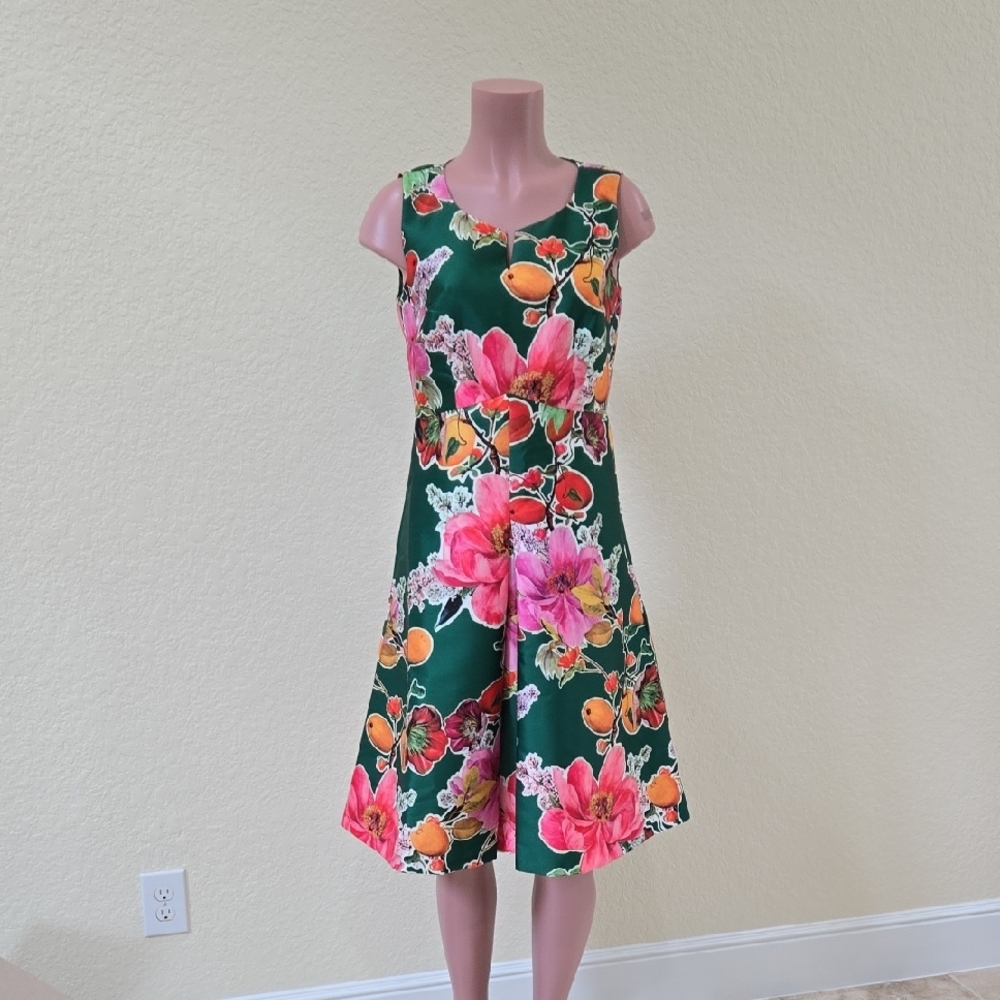 Talbots Pink and Green Sleeveless A-Line Midi Dress